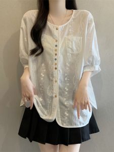 Slimming Colorful Buttons Design Lace Jacquard Short Sleeve Base Shirt
