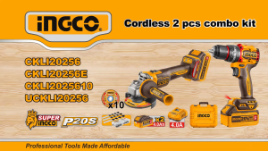 Bộ combo máy mài góc 100mm M10 công suất 1200W và máy khoan 3 chức năng 66Nm motor không than dùng pin 20V INGCO CKLI2025610