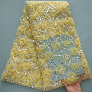 African Heavy Beaded and Sequined Mesh Lace Fabric - Embroidered Tulle With Floral Motifs For Bridal Gowns & Evening Dress
