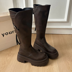 ZHENMO | Small Size Brown Thicken Sole Tall Boots Knight Style