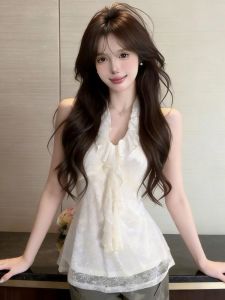 GUZILIAN | Vintage Lace Splicing Peplum Halter Vest Womens Summer Fashionable Slim Fit