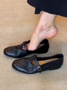Handmade Leather Mary Jane Shoes Womens Genuine Leather round Toe T-Strap Flat Bottom Slip-On Fashionable Casual Flats