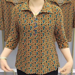 ผู้หญิงลายดอกไม้เสื้อฤดูใบไม้ผลิฤดูใบไม้ร่วงกลางวัยกลางคนแม่พิมพ์ปกด้านบนปกแขนเจ็ดส่วน