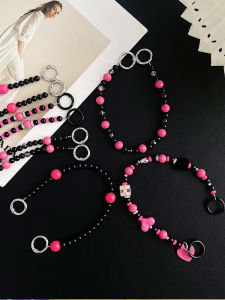 Tourist Travel Crossbody Mobile Phone Strap Handheld Chain Shoulder Bag Holder Acrylic Material Short Length Black And Pink Contrast