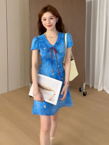 Karrar betsey | Summer Blue Floral Print V-neck A-line Mini Skirt Womens Sweet Style High Waist Short Dress French Holiday Fashion 2025