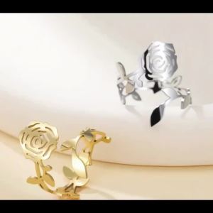 Charm Fashion Rose Womens Ring Stainless Steel Adjustable Ring Rose Plant Ring Romantic Wedding Jewelry Gift