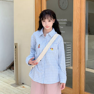 Áo Sơ Mi Nữ Tay Dài Màu Xanh Kẻ Caro Thêu Phong Cách Ngọt Ngào Rộng Rãi Cổ Polo Thường Ngày Mùa Thu Cotton 100%