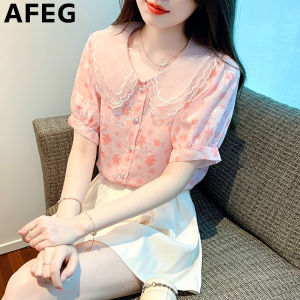 AFEG new Korean version of the doll collar fashion loose all matching temperament chiffon short-sleeved blouse