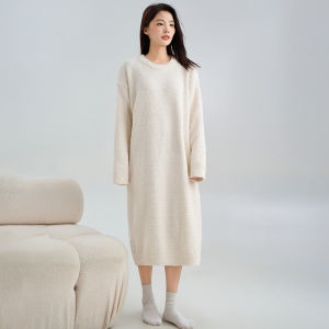 Miiow | Dopamine Half-Fleece Womens Sleepwear Thickened Pure Color Home Clothes Pyjamas Youth Casual Autumn Winter Long Sleeve Midi Dress