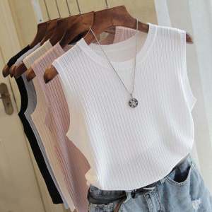 Summer New round Neck Vest Womens Wide Shoulder Strap Easiest for Match Ice Silk Thin Inner Match Sleeveless Knitting Pure Color Outerwear Top