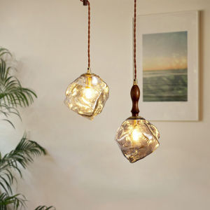 Ice Cube Glass Wall Lamp Retro Wooden Base Bedroom Bedside Table Lamp Vintage Ice Block Bar Counter Dining Table Wabi-Sabi Style Wooden Glass Pendant Lamp G9 Bulb Home Decor