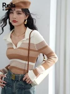 puella | Áo Len Nữ Cổ Polo Sọc Phong Cách Retro Pháp