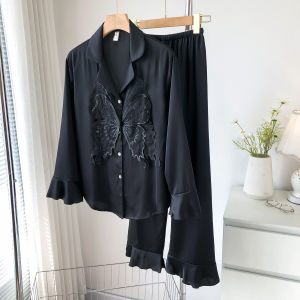 Elegant Long Sleeve Satin Sleepwear Womens Home Clothes Pink Butterfly Design Spring Summer Autumn Outerwear Comfortable Pajamas