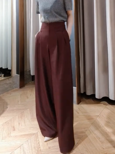 MANMI | Quần Nữ Dáng Rộng Cao Waist Màu Đỏ Rượu