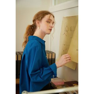 Anti-Wrinkle Long Sleeve Womens Shirt Casual Loose Style Polyester Fabric Polo CollarButton Details Korean Version Commuting