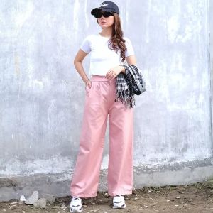 Celana Barbie Kulot Linen Pink Highwaist BB 35-75Kg Viral