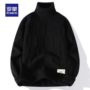 ROMON | Romon Mens Winter High Collar Sweater Red Knitted Shirt Fashionable Urban Loose Fit Long Sleeve Casual Wear For New Year