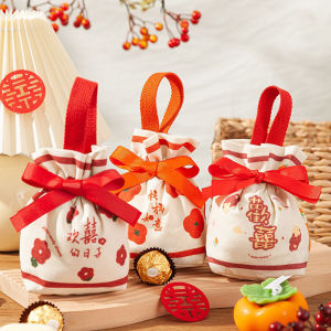 Sweet Wedding Drawstring Candy Bag New Years Day Festivals Blessing Present Bag Handheld Canvas Gift Bag