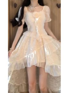 CHANGTONG | French Elegant Princess Design Unique Fairy Dress Summer Long Skirt Bubble Sleeve Short Sleeve Square Collar X-Shape Silhouette