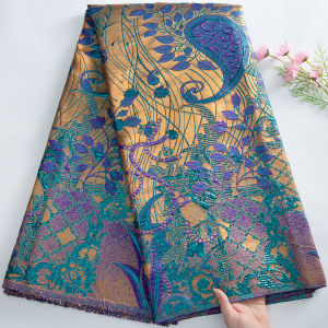 Luxury Soft Pink & Mint African Brocade Jacquard Lace Fabric with Gold Floral Vine Pattern For Wedding Dress DIY Craft (5 Yards)