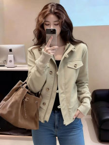DANTING | Elegant Stand Collar Khaki Jacket for Petite Figures