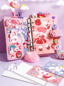 Detachable Notebook Planner Pink Large Capacity Student Birthday Gift Set Cartoon Cover PU Leather Material A6 Size Blank Grid Layout