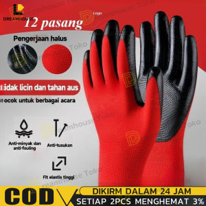 12PCS Sarung Tangan Pelindung Hitam Merah Telapak Karet