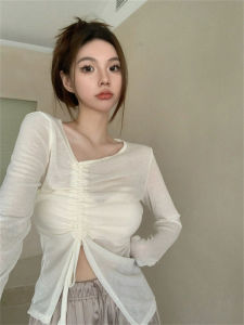 เสื้อยืดแขนยาวสีขาวเสื้อผ้าผู้หญิงเสื้อคลุมกันแดดมีเชือกรูดแบบบางมีดีไซน์แบบไม่สม่ำเสมอใส่ช่วงฤดูร้อนสำหรับผู้กลุ่มน้อยเสื้อตัวนอก