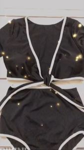 Bikini đi biển hai mảnh đen viền trắng dây buộc nơ mặc được nhiều kiểu phối quần cạp cao che khuyết điểm