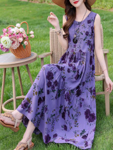 Elegant Summer New Style Young Lady Long Cotton Silk Dress Thin Sleeveless Beach Dress for Mom Loose Waist Wide Hem A-Line Skirt