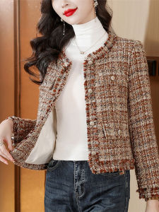 Ladies Fashionable Tweed Coat Autumn Winter New Style Elegant Specialized Youthful Top Quality Material round Neck Button Detail