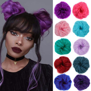 แผ่นวิกผมแบบแพต่อยางรัดผมของผู้หญิงลูกบอลวิกผมสั้นเรียบธรรมชาติขนมปังยางรัดผมผ้าปูที่นอนผมปลอมธรรมชาติสีดำสีม่วงสีชมพูสีเขียว