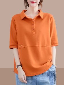 Slimming Effect Pure Cotton Short Sleeve Womens T-Shirt Korean Style Loose Fit Summer Thin Polo Shirt Embroidered Top