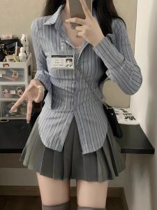 plus Size Womens Striped Shirt Slim Fit Base Layer Top Hot Girl Waist Cinched Slimming New Spring Long Sleeve Polo Collar