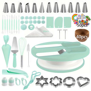 204PCS Cake Decorating Set - Non-Slip Turntable with 12 Piping Tips Fondant Molds & Complete Tools for Professional DIY Baking