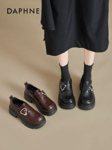 Daphne Thick Heel Loafers Womens Commuter Platform Shoes Black Synthetic Leather round Toe mid Heel Glue Adhesive PVC Outsole