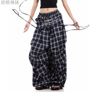Quần Ống Rộng Kẻ Caro Phong Cách Đường Phố Quần Ống Rộng Chữ American Jazz Street Dance Thiết Kế Dây Thắt Lưng Quần Áo Công Sở Thường Ngày