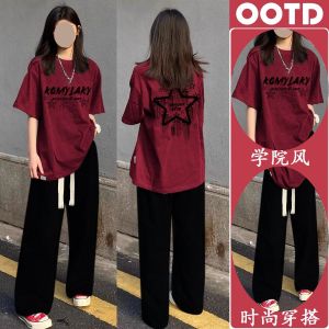 plus Size 300 Pounds Casual Sports Set Women Summer Letter Short Sleeve Wide Leg Pants Korean Style Two Piece Set