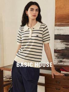 Basic House | Striped Embroidered Slimming Polo Neck Short Sleeve Knitwear