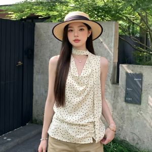 GUZILIAN | Polka Dot Design Ribbon Sleeveless Blouse Womens Top
