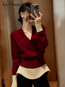 La Chapelle | Vintage V-neck Knitted Sweater with Irregular Waistline