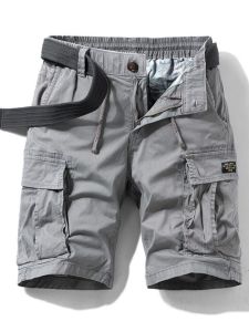 Summer Mens Loose Cotton Workwear Shorts Multi-Pocket Button Casual Pants American Trendy Brand Breathable Five-Quarter Pants