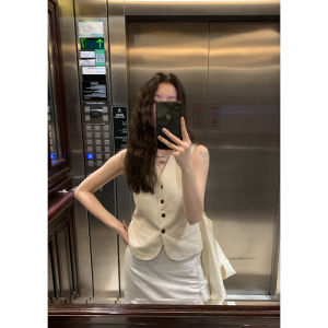 Hellooo Eat Linen Vest Single Button V-Neck Slimming Solid Color Summer Fashionable Commute Style Womens Jacket