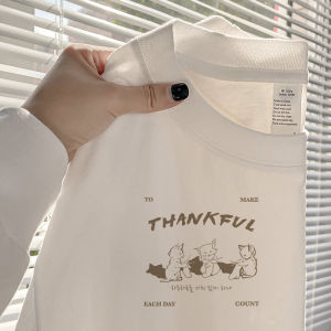 เสื้อยืดคอกลมแขนยาวทรงหลวมผ้าฝ้ายแท้ฤดูใบไม้ร่วงสำหรับผู้หญิง เสื้อสเวตเตอร์ดีไซน์เก๋ไก๋ แฟชั่นสตรีท เสื้อผ้าทำงานสไตล์เกาหลี