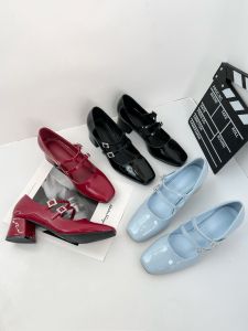 Large Size French Style Shiny Water Diamond Thick Heel Mary Janes Shoes Wine Red Color Retro Sweet Single Shoes for Young Women