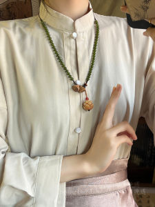 New Chinese Style Long Wooden Peach Wood Lotus Pod Green Beaded Necklace Womens Fashion Jewelry Traditional Hanfu Accessory