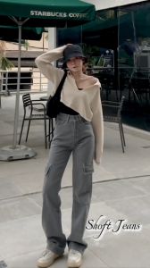 Soft Highwaist Korea Style Kulot Jeans Cargo Loose Terbaru Saku Samping Dua 2 Grey Abu Panjang 100cm