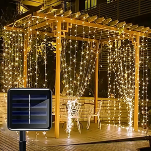 Solar Powered Curtain String Lights 8 Modes Waterproof Star Fairy Lights USB Outdoor Indoor Party Raya Lampu