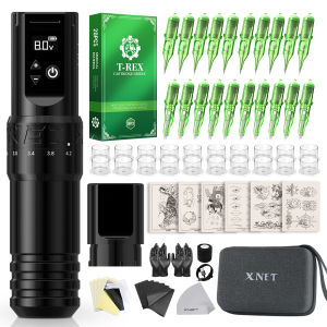 XNET | XNET T1 Wireless Tattoo Machine Pen Full Kit Adjustable Stroke Custom Motor Makeup Pen 20pcs Cartridges Fake Skin Set For Tattoo