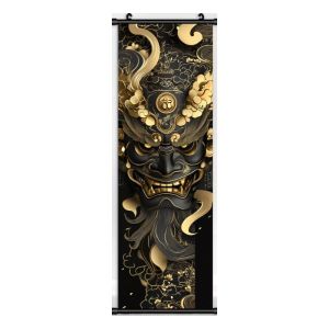VIKAMA Obsidian Hannya Mặt Nạ Treo Tường Tấm Thảm Lá Vàng Quỷ Nhật Bản Nghệ Thuật Cao Cấp Trang Trí Nhà Hài Hước Hài Hước Mềm Mại Bền Bỉ Ấm Cúng Polyester